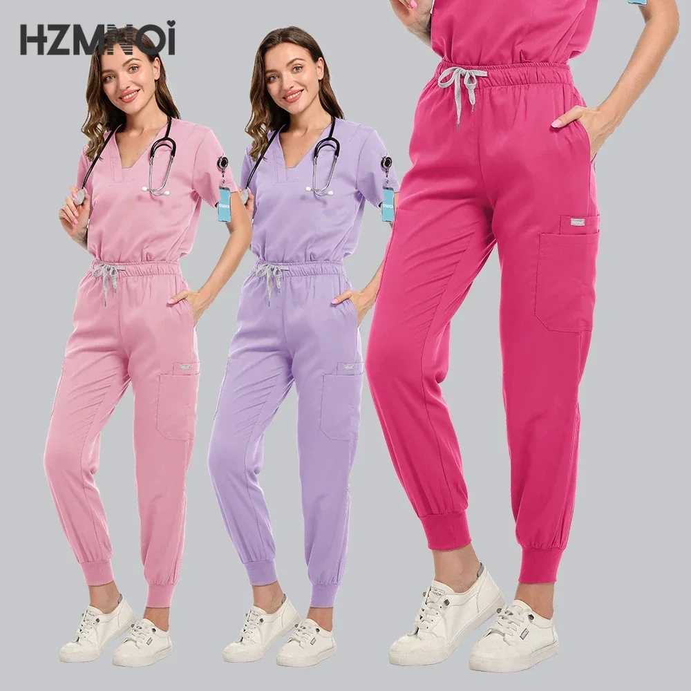 HZMNOI High-quty Nursing Scrubs Uniform Suit Short Slve V-neck Tops+Pants Sets Women Multicolor Pet Medical Workwear Nurse X250410