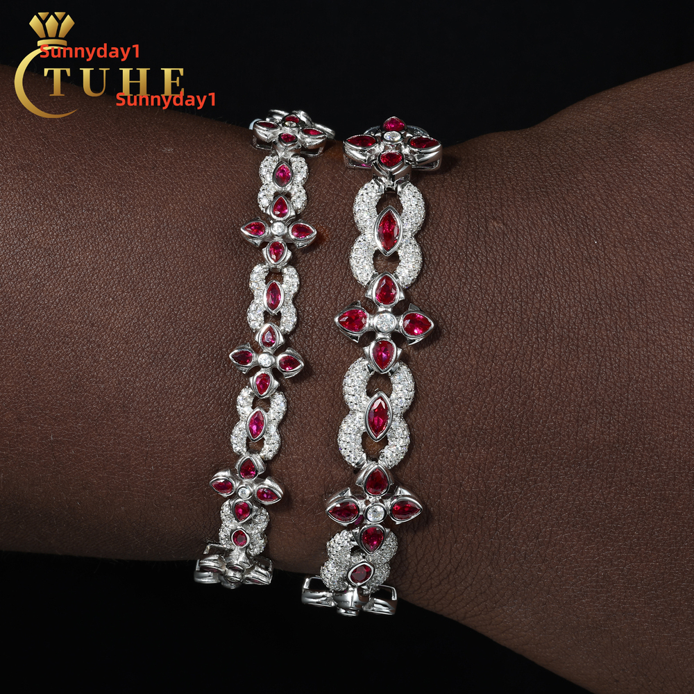 Fine Jewelry Luxury Men 10mm 14mm 925 Sterling Silver VVS Moissanite Diamond Colorful Moissanite Four Leaf Clover Infinity Link Bracelet