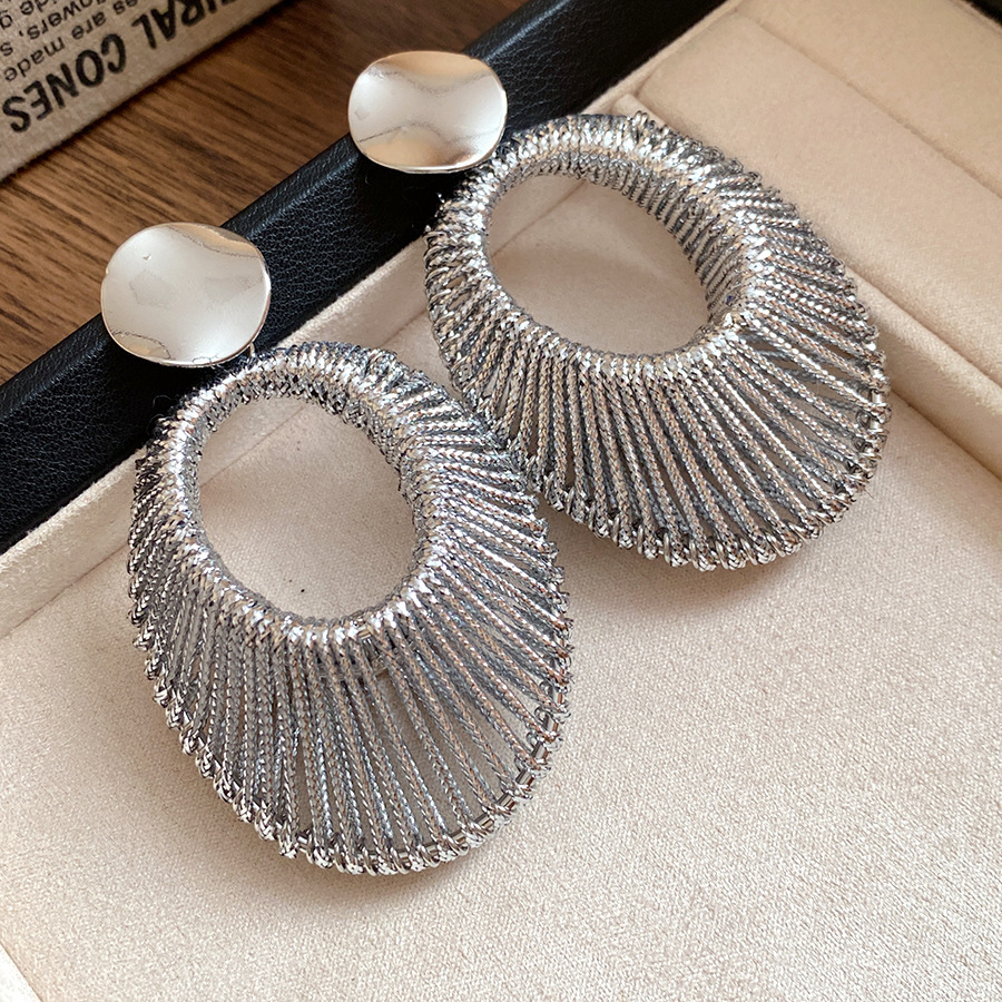 Silver Needle Velvet Woven Hollow Oval Pendant European and American Style Unique Niche Design Earrings for Women - view 3