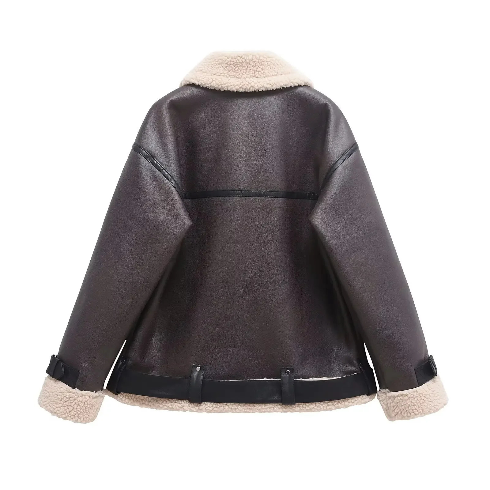 Double-Sided Lamb Velvet Jacket with Belt Womens Winter Fashion Polyester Fiber Full Sleeve Loose Fit Coat Integrated Leather A 251105