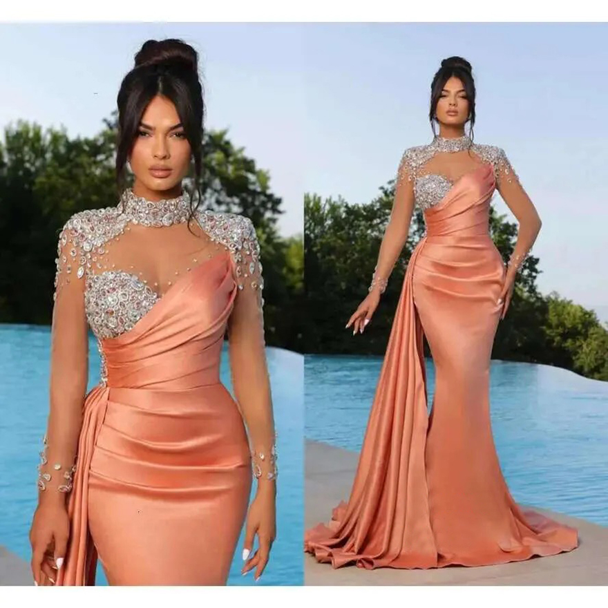 Peach Elegant Black Purple Mermaid Evening Dresses High Neck Sheer Appliques Beads Illusion Long Sleeve Pleats Ruffles Formal Ocn Prom Gowns