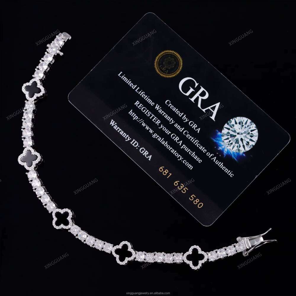 Fashion Pure Sier 3-4-5mm VVS Moissanite Natural Black Onyx Agate Clover Tennis Chain Jewelry Bracelet