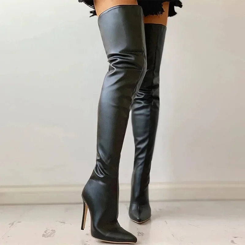 Plus Size 34-46 Women Boots Sexy Thigh High Boots Stretch PU Leather Over-the-knee Heeled Boots Black Red Autumn Winter Shoes 251110