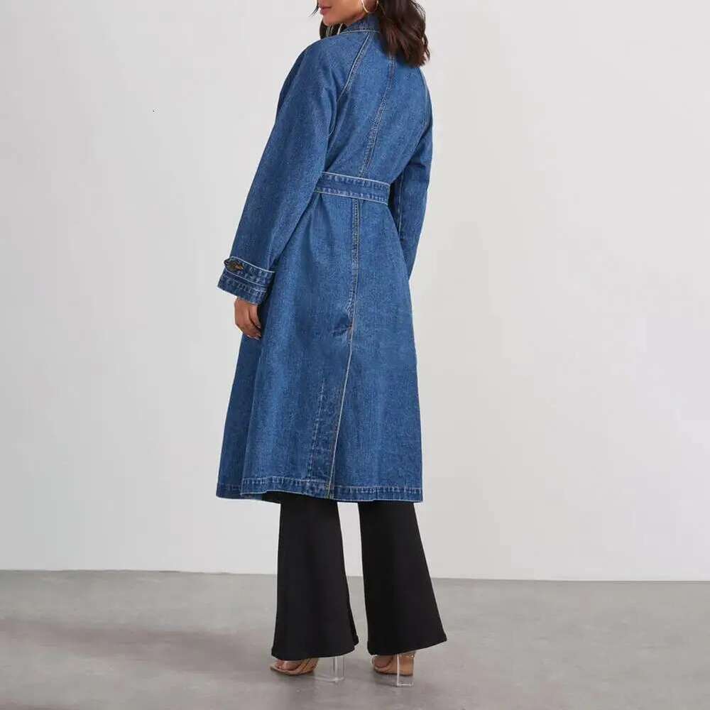 Women's Long Denim Coat Jacket Autumn And Winter New British Style Double-Breasted Lapel Long-Sleeved With Belt Windbreaker