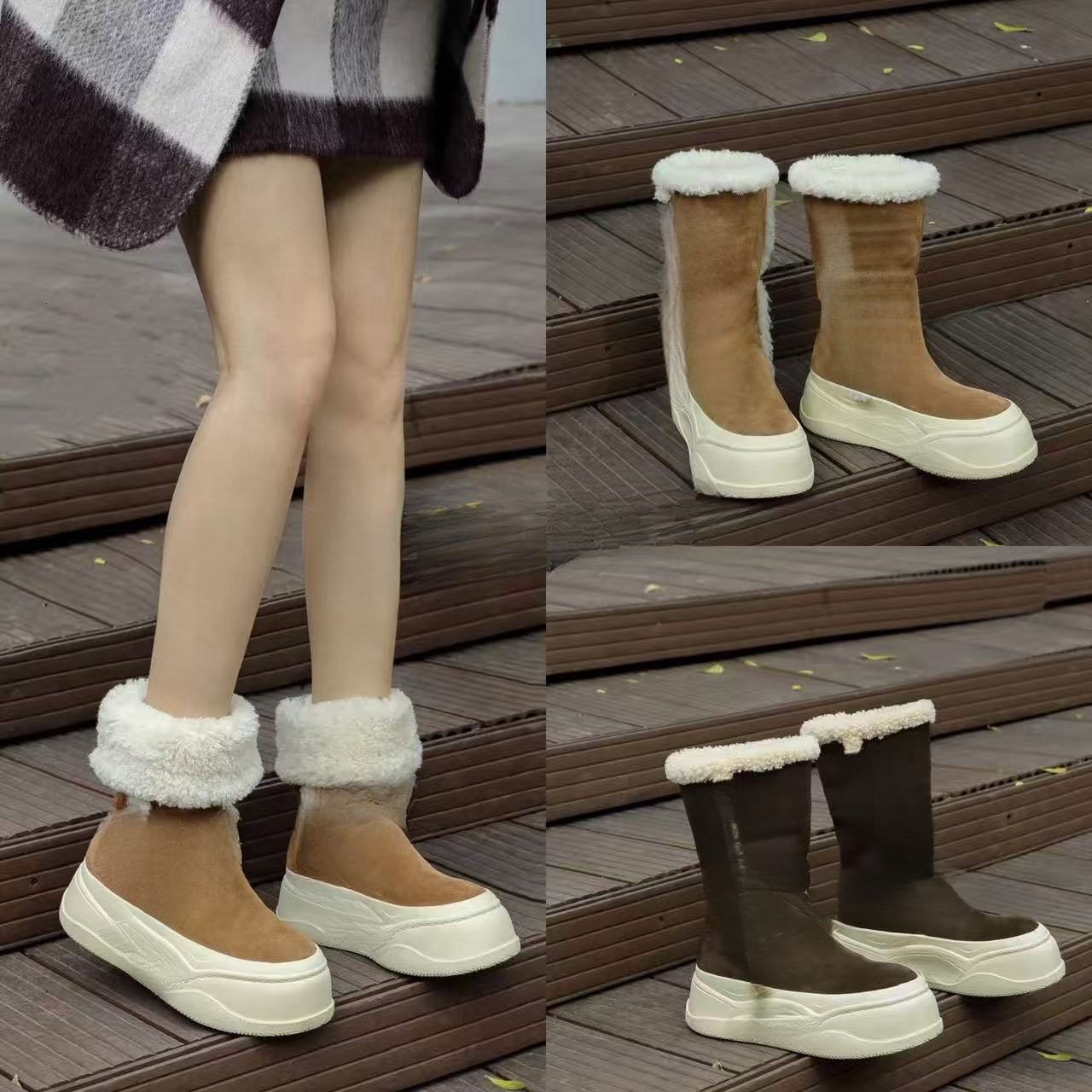 Designer's new autumn and winter leather women's shoes with thick sole and plush lining, casual and versatile plush boots, fashionable and t