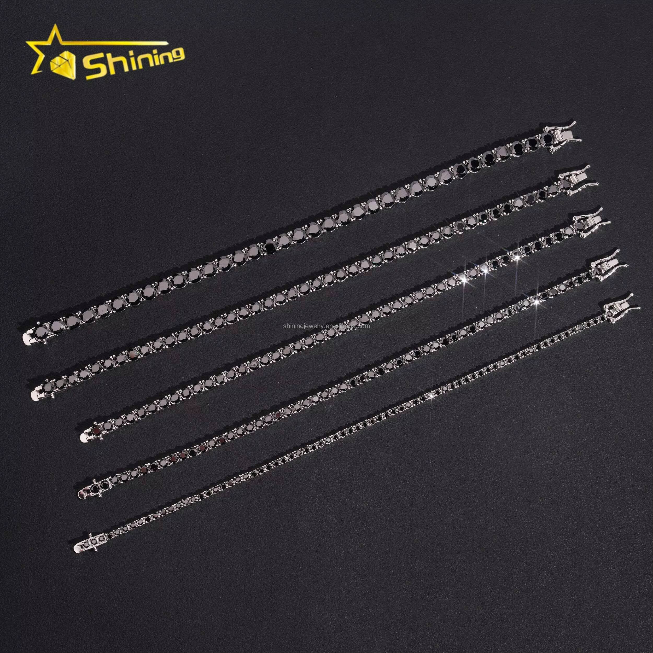 Bulk Stock 2mm 3mm 4mm 5mm 65mm Hip Hop Hot Selling Fire Jewelry Black Moissanite 925 Sterling Silver Tennis Chain Bracelet
