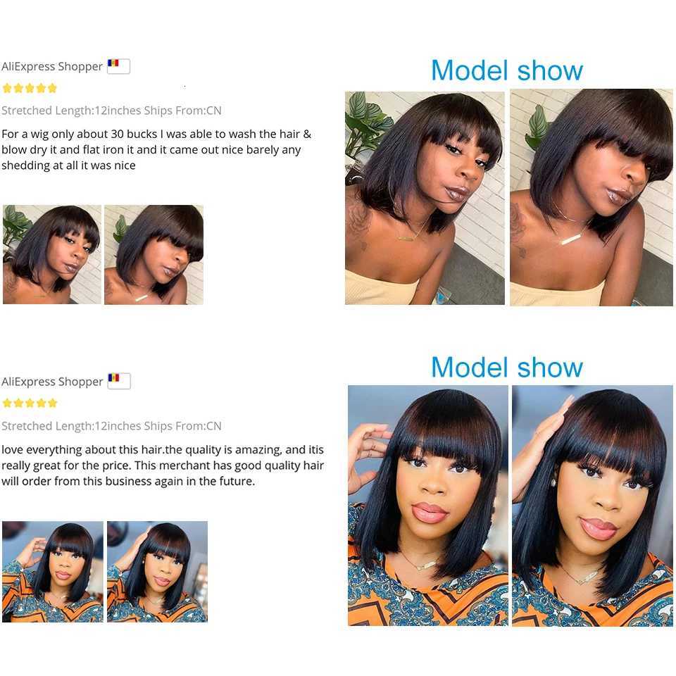 Brazilian Human Hair Wig with Bangs Remy Straight Hair Bob Wigs Full Machine Made Wig for Women 8-16 Inches No Lace Bob WigsT251111