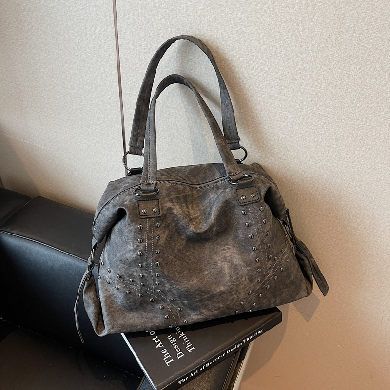Free Shipping Vintage Gray Studded Casual Bag Retro Distressed Texture Metal Stud Decoration Large Capacity Handle & Shoulder Daily Commute Bag