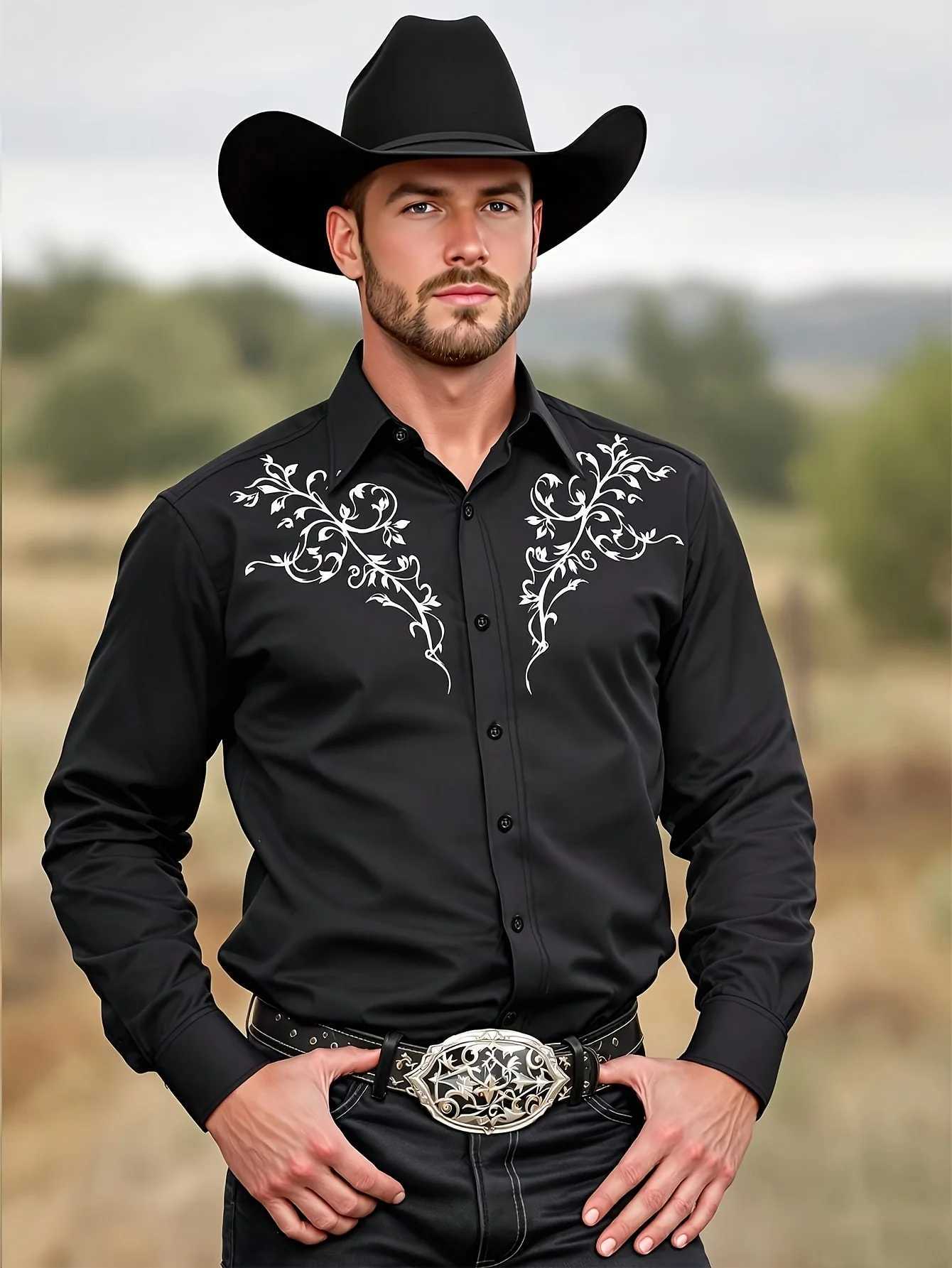 2025 Mens Tribal Pattern Long Sleeve MenS Black Western Cowboy Shirt Western Event Attire Stylish MenS Shirt Slim Fit Shirt K251110