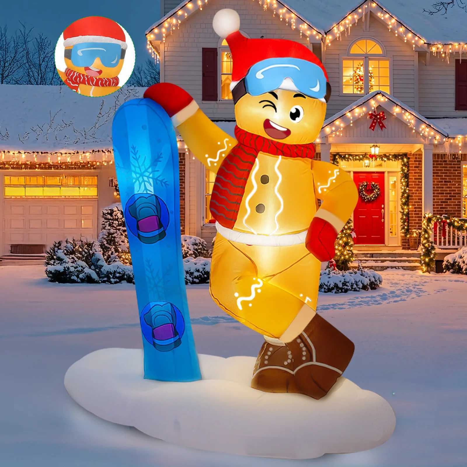 Christmas OurWarm 6FT Christmas Inflatable Outdoor Decor Skiing Gingerbread Inflatable Christmas Decor Gingerbread Blow Up Yard Decor Y251111