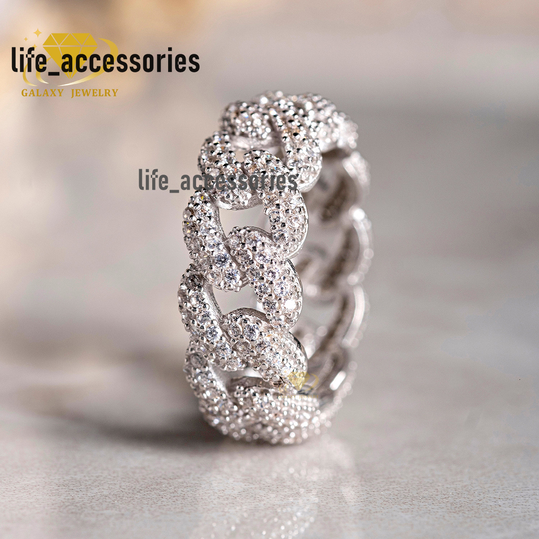 Wholesale Custom Iced Out Hip Hop Cuban Link Rings Mens 925 Sterling Silver Diamond Cuban Link Design Moissanite Ring