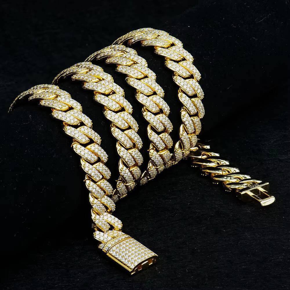 Miami Cuban Chain Full Pave Iced Sterling Silver VVS DEF Moissanite Cuban Link Chain 12mm Rhombic Style HipHop Jewelry Men Gift