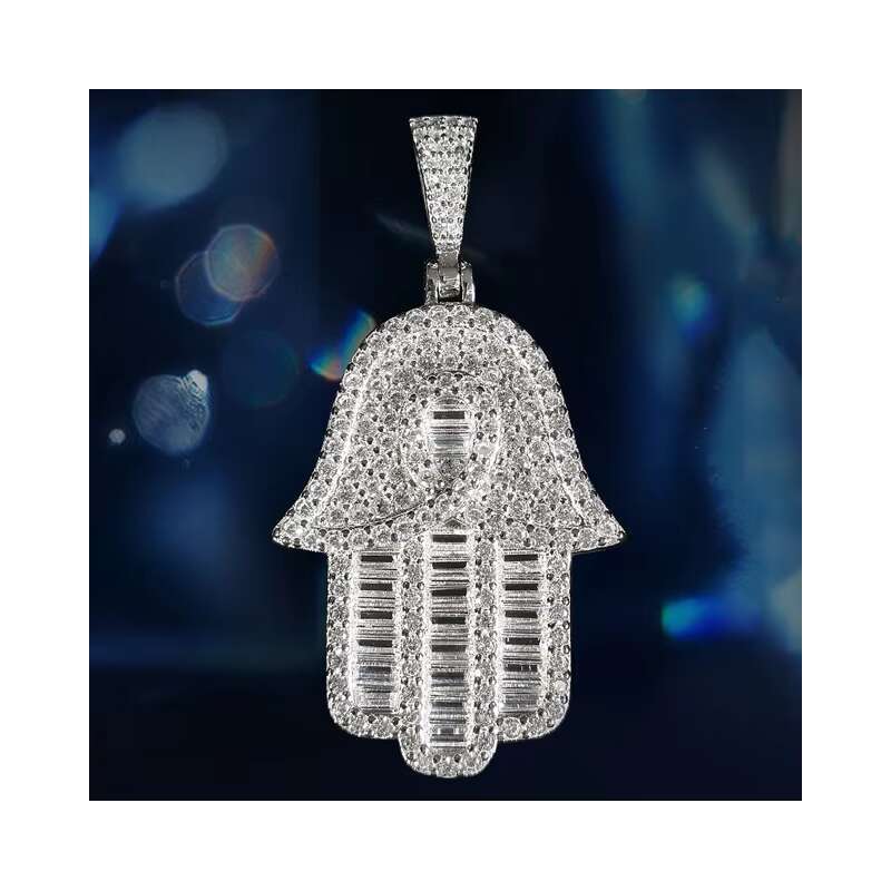 925 Sterling Silver Iced Out Moissanite Hamsa Hand Pendant Unisex 18K Gold Plated Hip Hop Style Gift for
