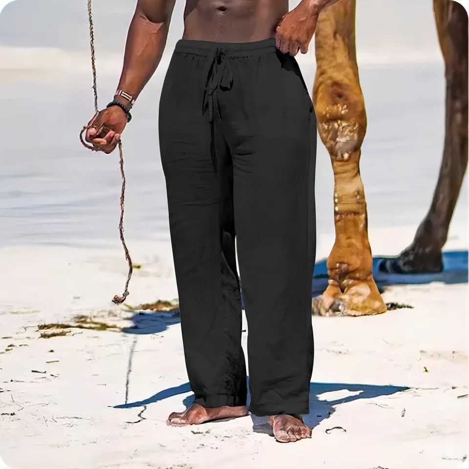 Mens beach solid color pants runners street clothing cotton linen sports pants casual pants Hawaii vacation loose summer long S-4XLXJ250410