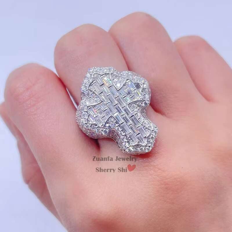Solid Silver Christian Religious Men Hip Hop Iced Out Moissanite Diamond Cross Finger Ring