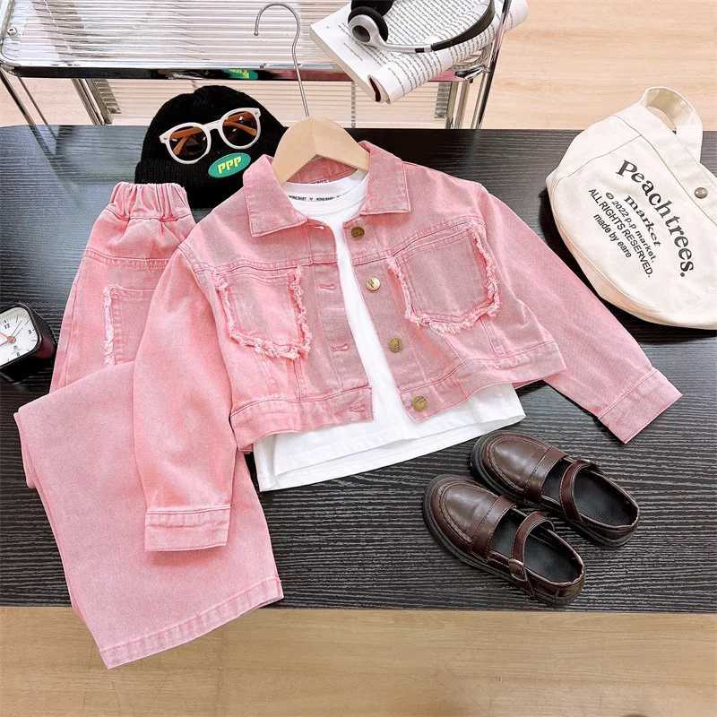 Childrens clothing set denim jacket and wide leg pants 2-piece set childrens clothing girl clothing set childrens boutique clothingXJ250410