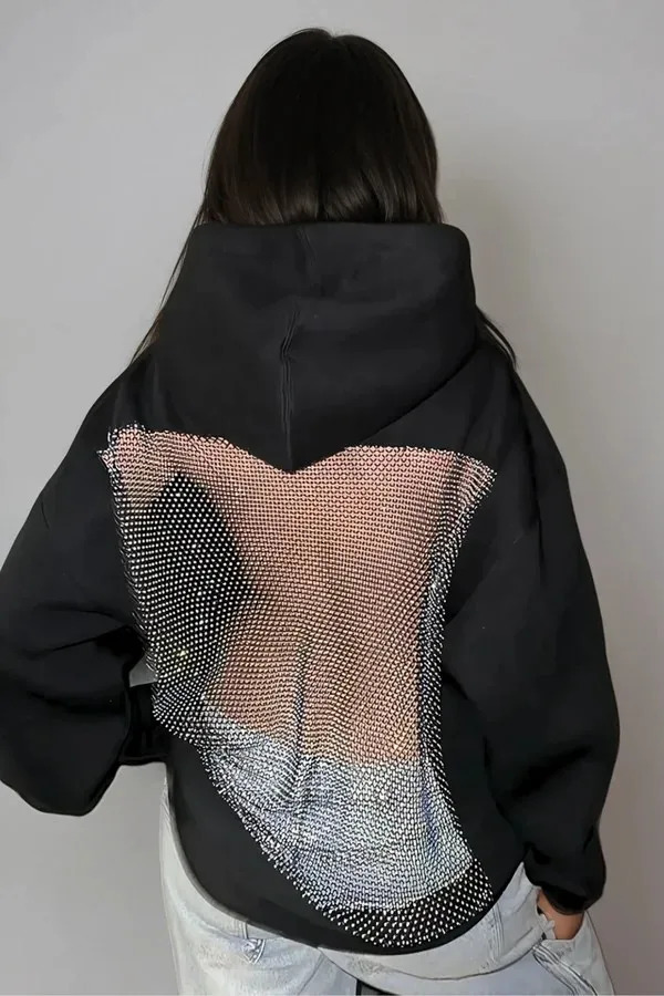 Tassel Mesh Rhinestone Hoodie Y2K Womens Sweet Sexy Transparent Backless Oversized Pullover Fashion Casual Jacket 251106