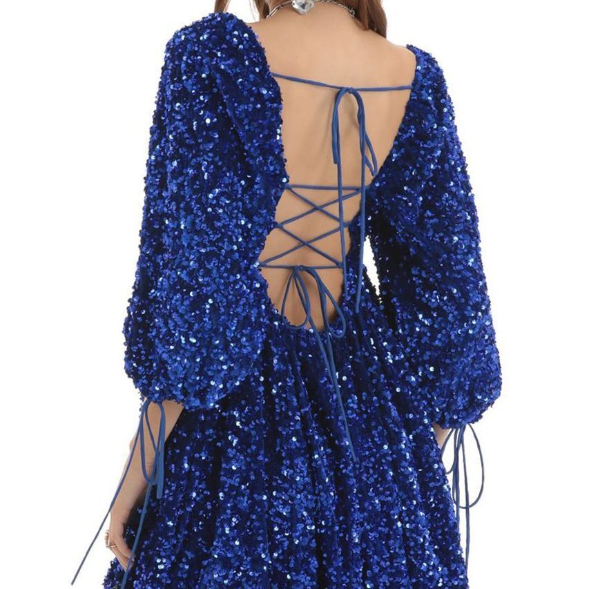 Large loose version sequined skirt, summer casual style square neck short sleeved solid color big swing dress