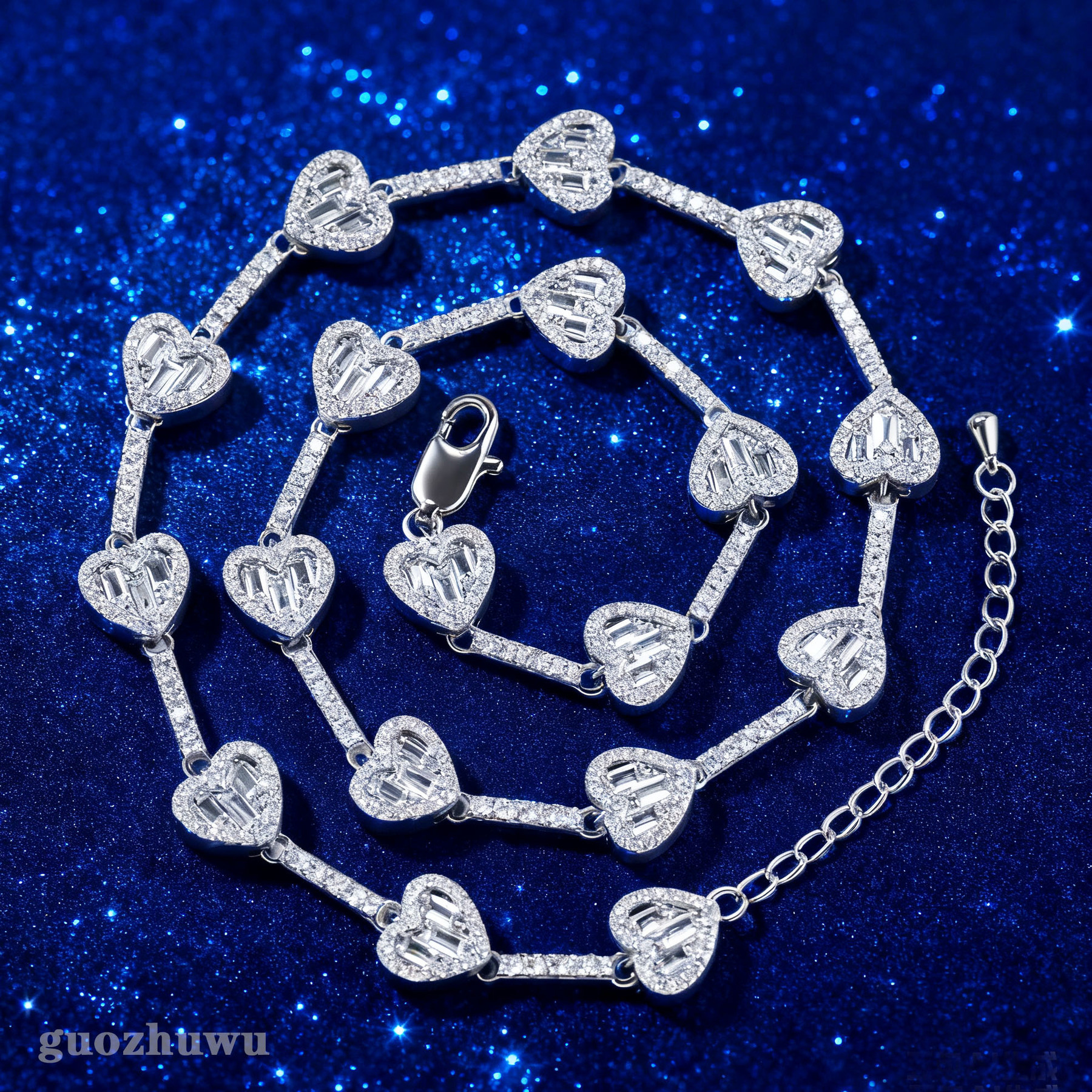 Hip Hop Love Heart Shaped Charms Tennis Chain Necklace Bracelet 14k Gold Plated Copper Prong Bling Baguette Cubic Zircon Luxury Fine Quality Party Rap