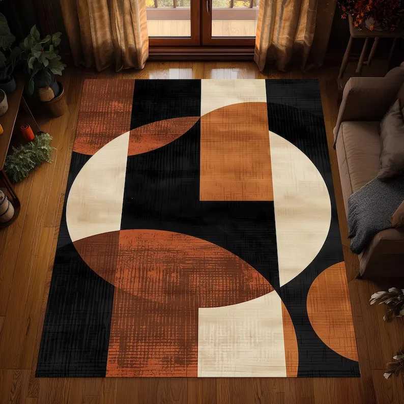 Abstract Circle Rug Burnt Orange Beige Black Carpet Modern Minimst Washable Floor Mat Y251110