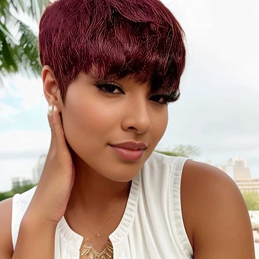6inch Short Pixie Cut Straight Wig 100 Human Hair for Women Machine Made with Pre-Styled Bangs Tangle-Free Natural HairlineT251111