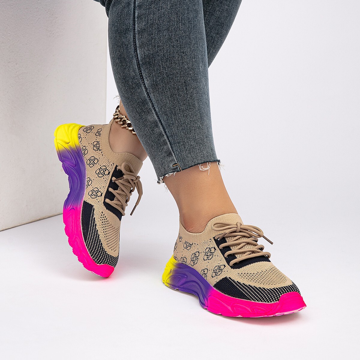 Free Shipping 2025 New Fashion Deign Sneakers Plus Size Breathable Mesh Rainbow bottom Sport Shoes for Women