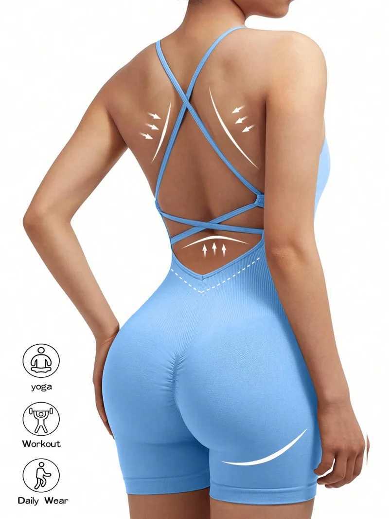 Sexy fitness jumpsuit womens cross adjustable sports Playsuit running one-piece yoga suit Scrunch shorts backless jumpsuitW250411