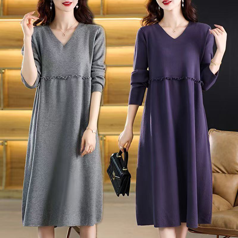 plus size women's new long sleeve high waist printed banquet dress mid-length skirt D02821