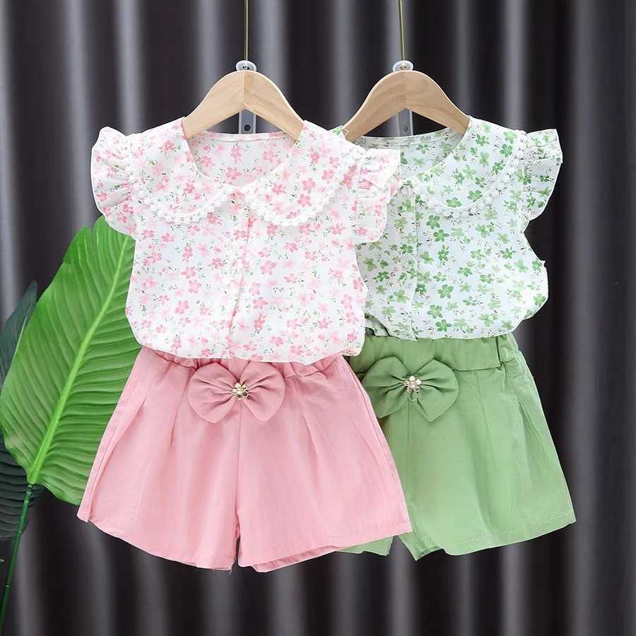 Summer childrens girl set cute floral print short sleeved T-shirt and shorts 2PC set casual set baby clothingXJ250410