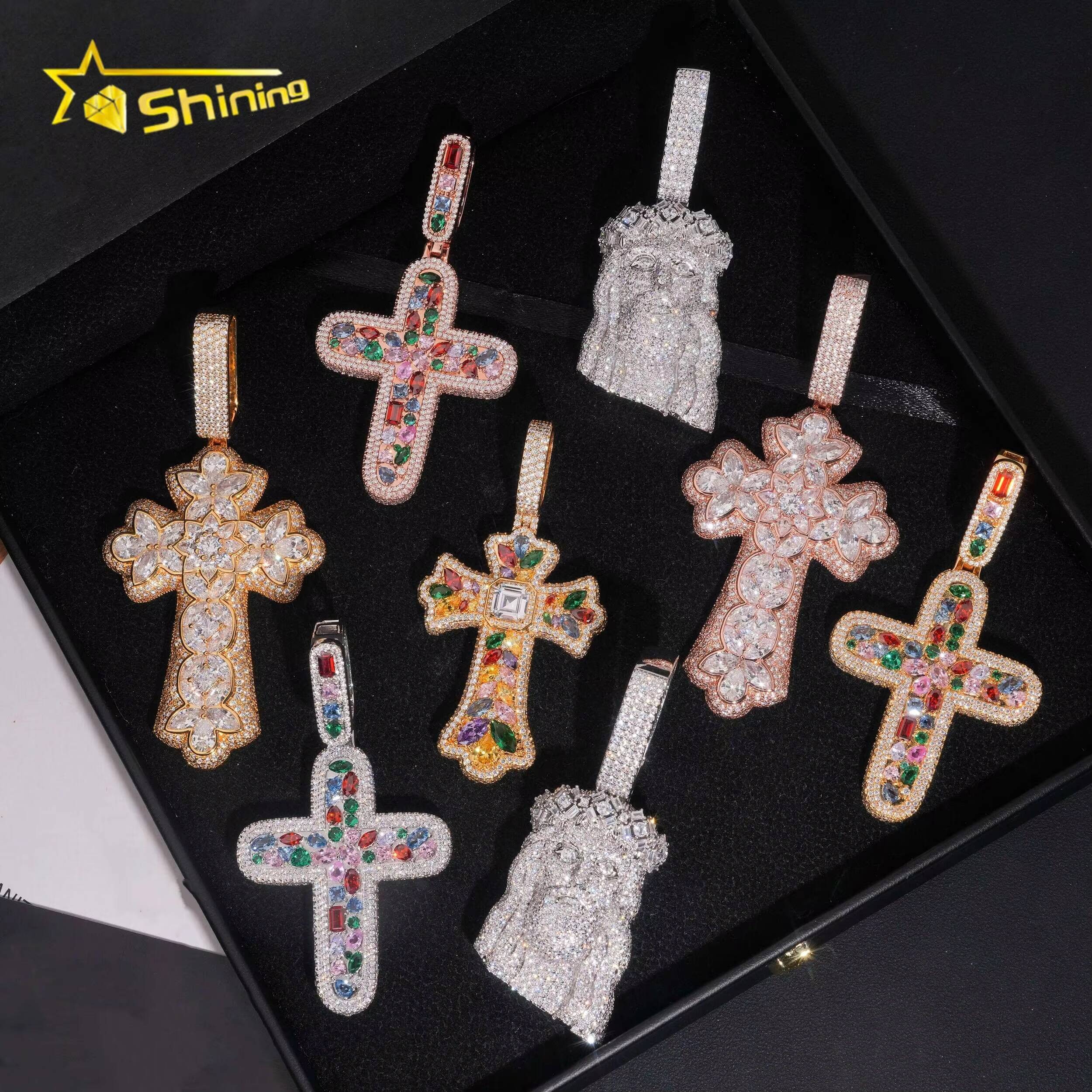 Fashion Pendants Charms Collection Hip Hop Jewelry Brass Iced Out Colored Moissanite Cross Pendant Men Women Brass Jesus Pendant