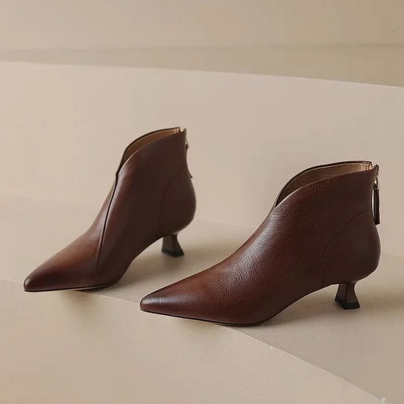 FHC Autumn Women Ankle BootsFashion Soft Leather ShoesBack ZipMid Heels Short BotasPointed ToeBlackBrownDropship 251110