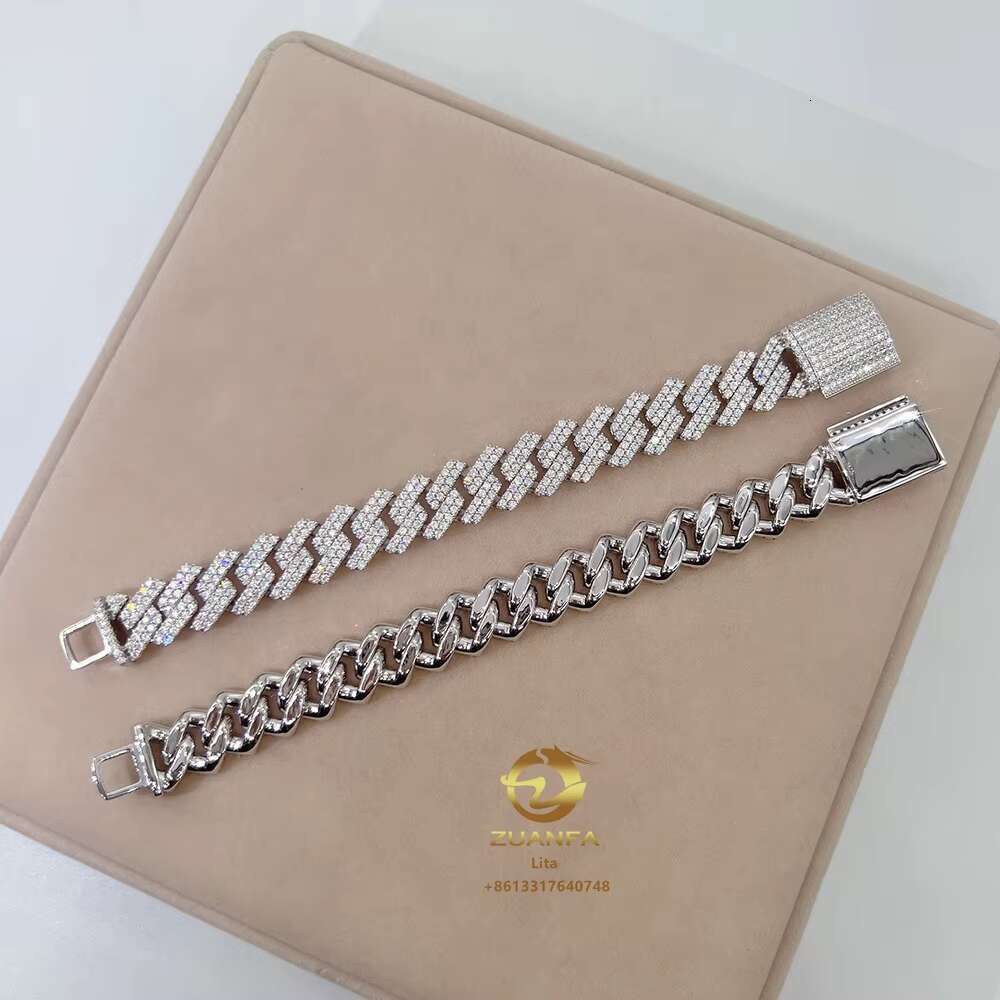 Fine Jewelry Sparkle 15mm Two Rows Diamond Iced Charm Cuban Link Chain 925 Silver Vvs Moissanite Bracelet