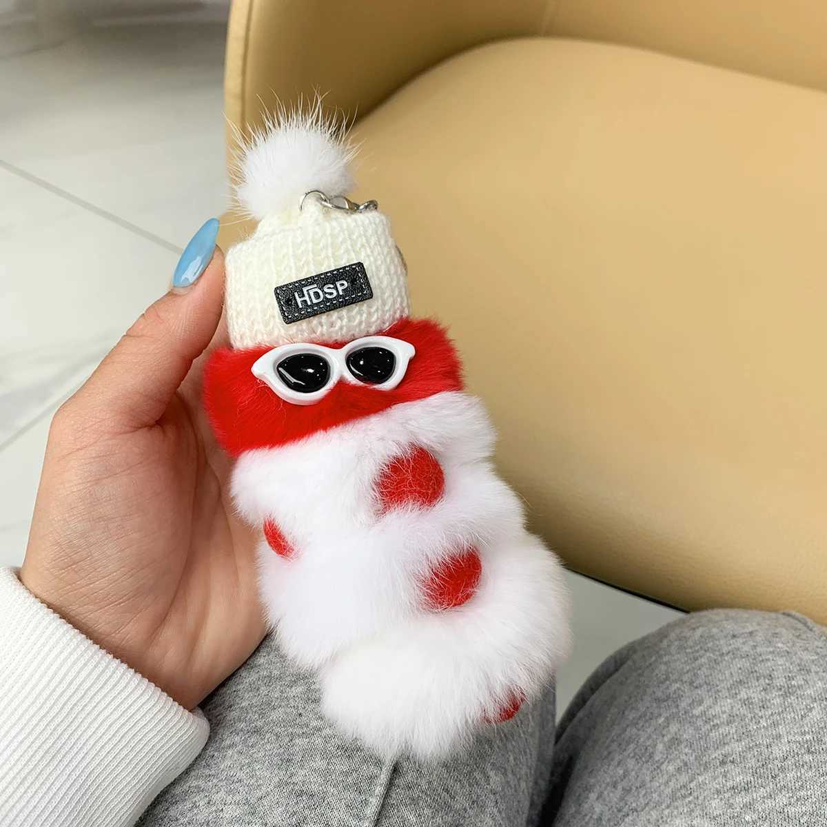 Cute colored plush caterpillar keychain with sunglasses soft rabbit fur animal canopy pendant keychain suitable for womens handbags W250411