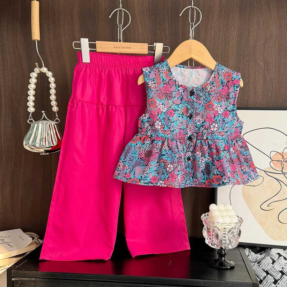 Summer Fashion Girls Clothing 3-7 Years Old Flower Printed Sleeveless Top and Wide Leg Pants Two Piece Set Casual Girls ClothingXJ250410