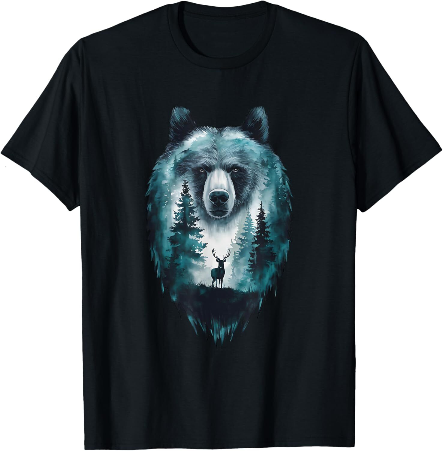T shirt for Mens Bear Double Exposure Surreal Wildlife Deer Animal Graphic Tee Casual Tops Clothes Short sleeve animal print