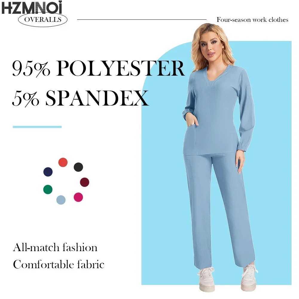 New Scrubs Nurse Uniforms Long Slve V-neck Top+Straight Pants Women Multicolor Nursing Scrubs Set Pet Doctor Medical Workwear X250410