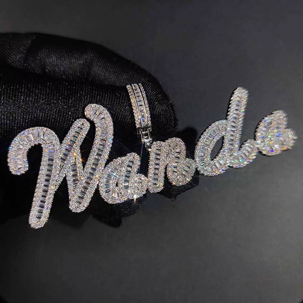 Personalized Custom Baguette Initial Letter Pendant Bling Moissanite White Gold Capital Alphabet Name Necklace