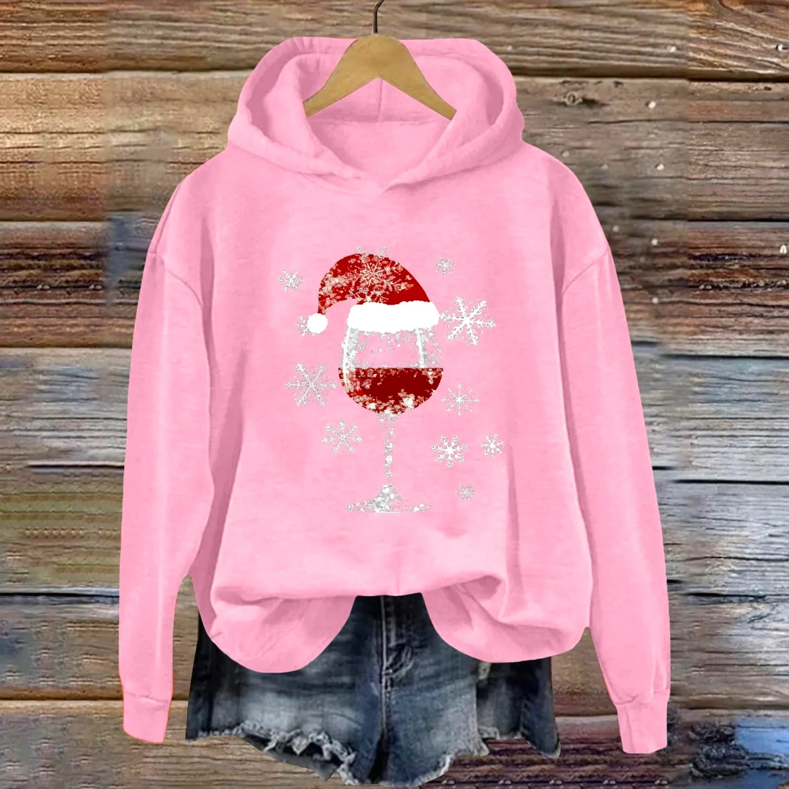 Womens Christmas Hoodie Sweatshirt Casual Fashion Red Wine Glass Printed Long Sleeve Hooded Sweatshirts Xmas Look Year Gifts 251105