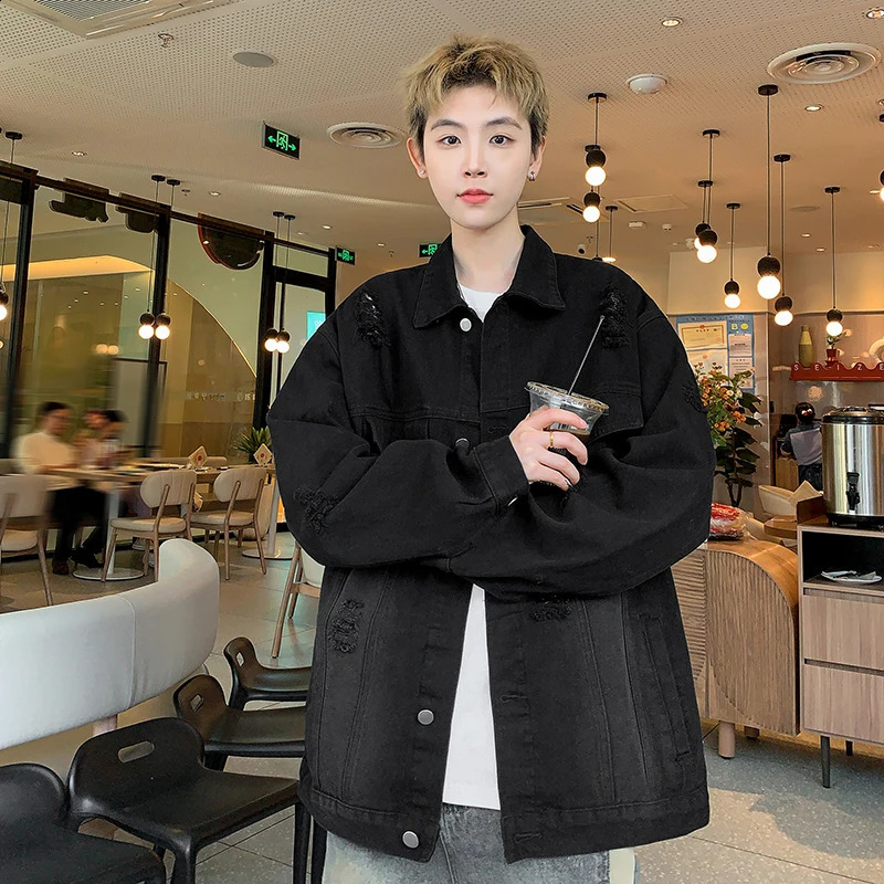 Denim jacket hiphop mens clothing streetwear ripped hole denim outerwear flip collar oversized 250401