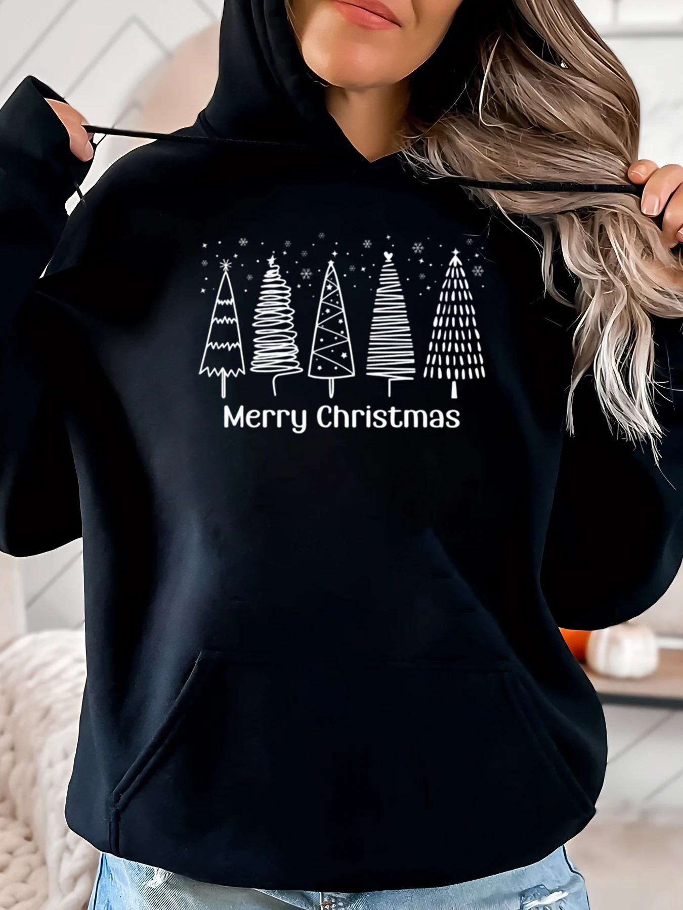 Christmas Tree Merry Christmas Print Hoodie Women Casual Holiday Wear Black Plus-Size 251105