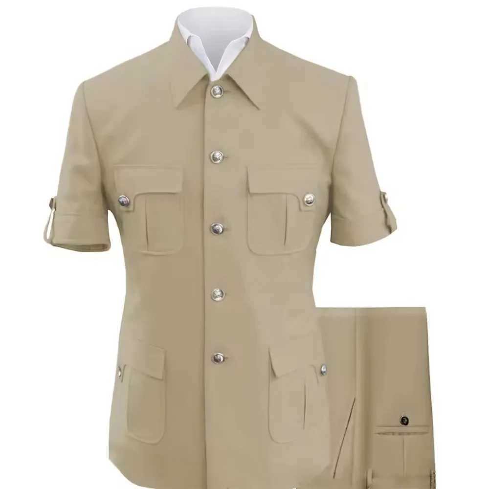 Safari Mens Shirt Set 2-piece Four Pocket Wedding Groom Tail Coat Short Sleeve Jacket Customized Ropa hombre trajes para hombre W250410