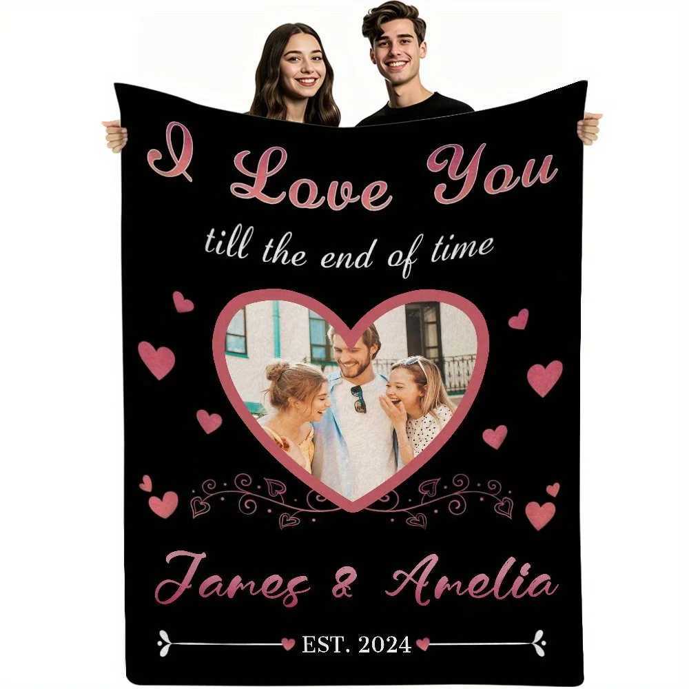 Custom photo blanket - retro flannel heart-shaped patternall seasons family gift - Christmas and anniversary blanketsouvenir C251111