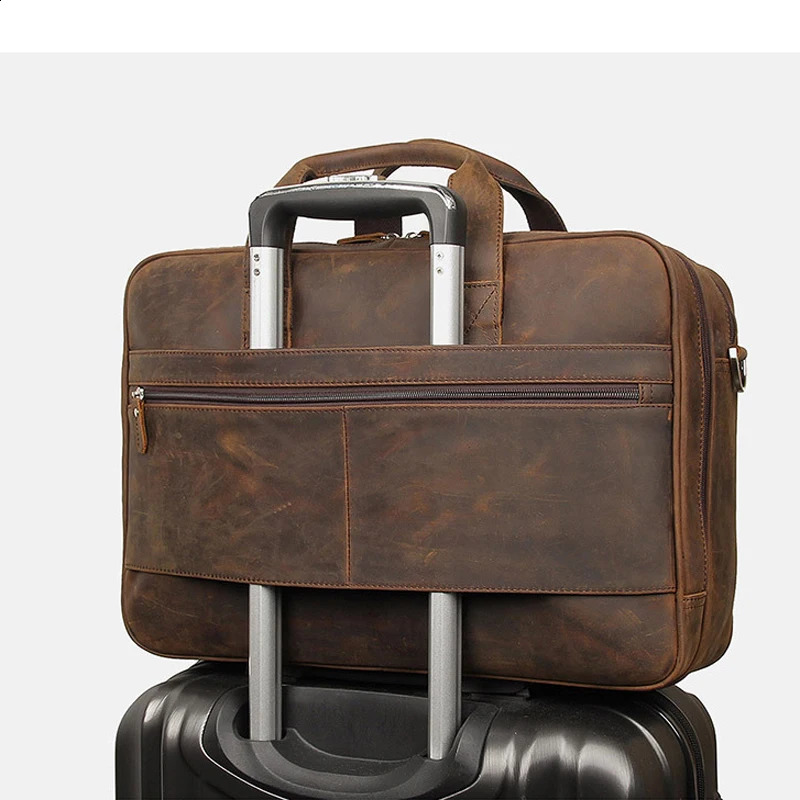 High quality genuine leather mens briefcase business bag Crazy Horse large 17 inch notebook combination office 250409