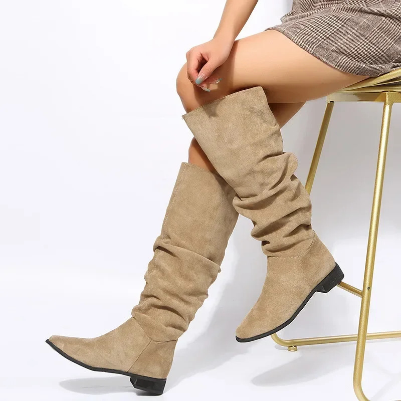 Pleated Boots Women Black Nude Faux Suede Flock Knee High Boot Ladies Flat Autumn Winter Dress Shoe 43 Solid Slip on Botas 251110