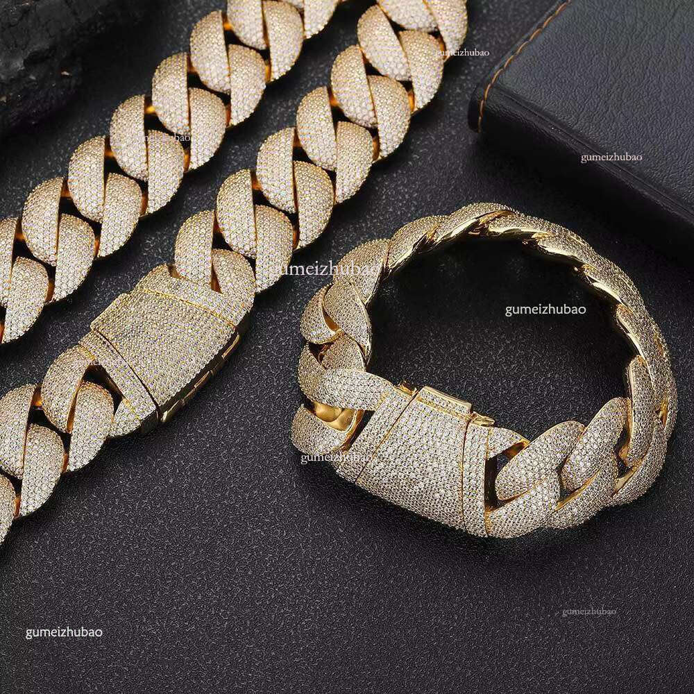 Hiphop Copper CZ Real Gold Plated Rapper New Arrival Men JewelryBES 22mm Width Cuban k Chain Prong Large Necklace Bracelet