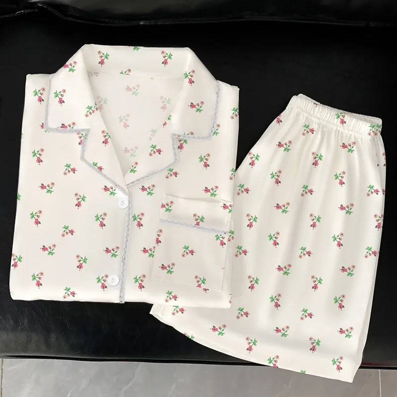 Princess Style Small Floral Pajamas Female Summer Garden Fresh Ice Silk Thin Section of Short-Sleeved Casual Homewear Suit 250411
