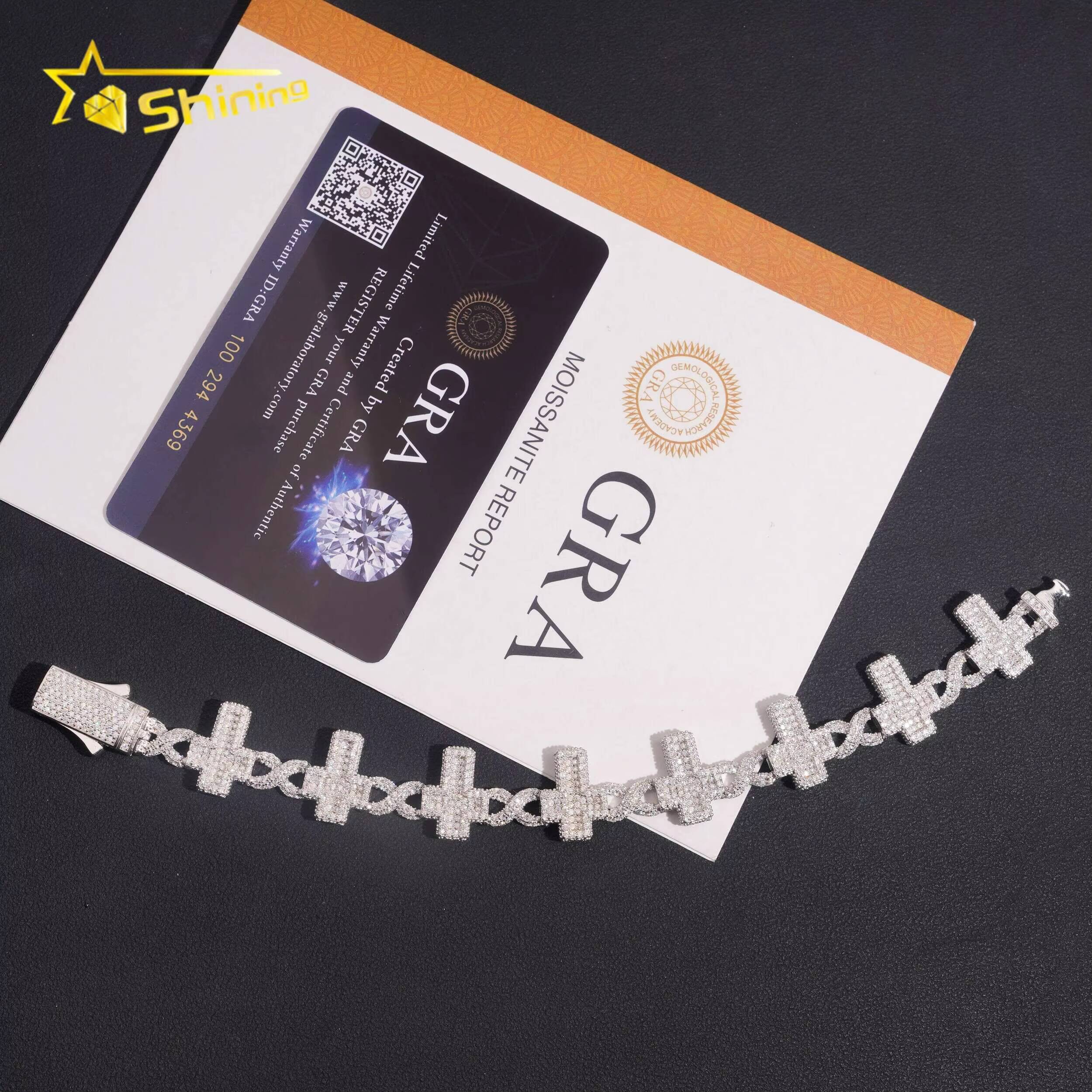 Moissanite Pass Diamond Test Men Bracelet Gold Plated S925 Moissanite Sparking Hop Hip Iced Out Cross Cuban Link Bracelet