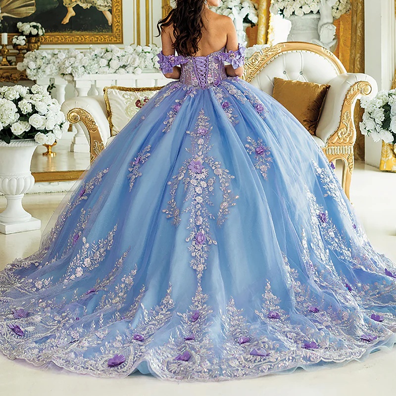 Blue Shiny Princess Quinceanera Dresses Off Shoulder Beads Applique Flower Tull Sweet 16 Dress Ball Gown Vestidos 15 Anos