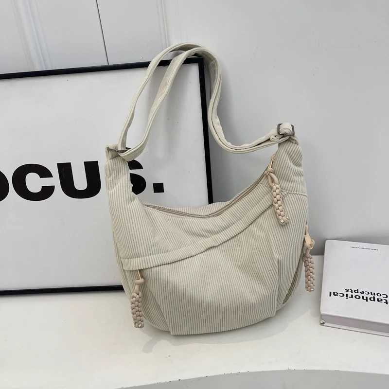 Women Fashion Shoulder Bag Multi-pockets Daily Messenger Bag Adjustable Strap Corduroy Half Moon Bag with Pendant Commuting BagT251110