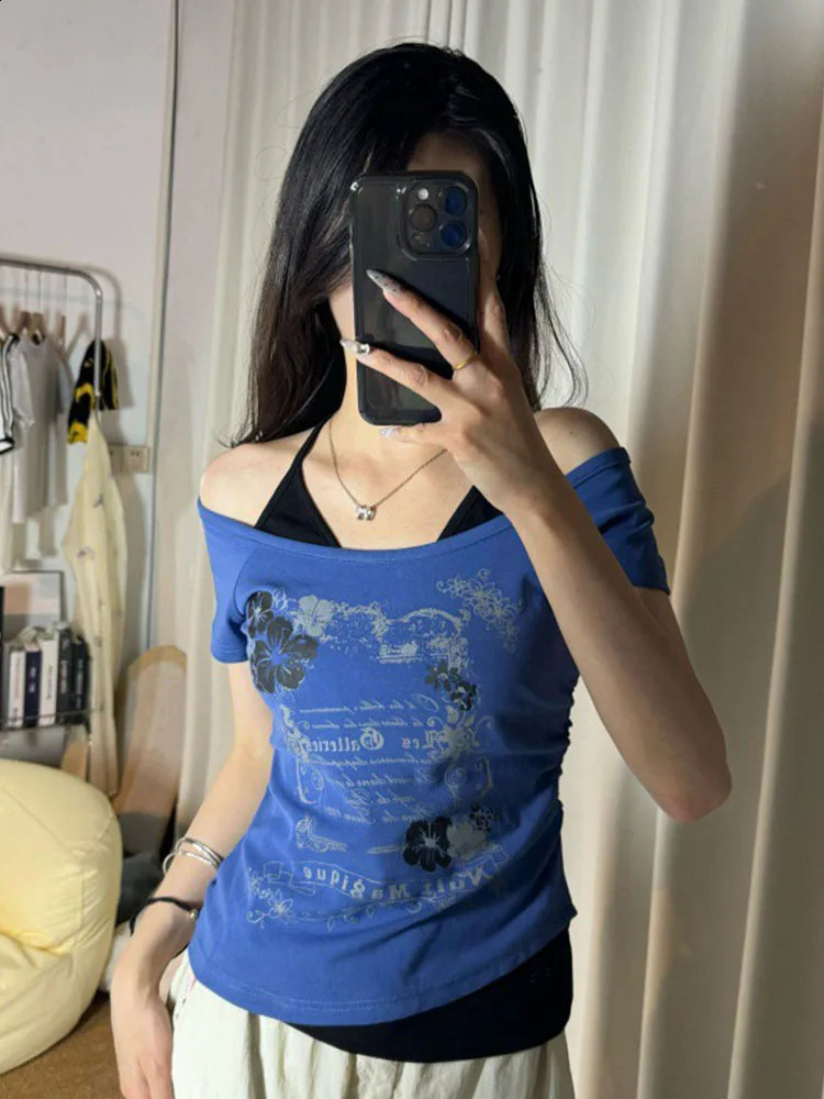 Vintage Two piece Strap Lace Top Y2k Slim fit Printed Top Womens Shoulder Short sleeved T-shirt 250410